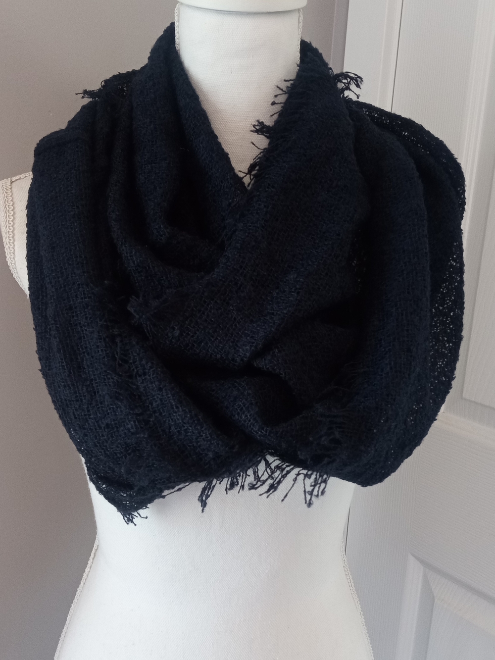 Versatile Black Frayed Infinity Scarf - Cozy Women's Wrap